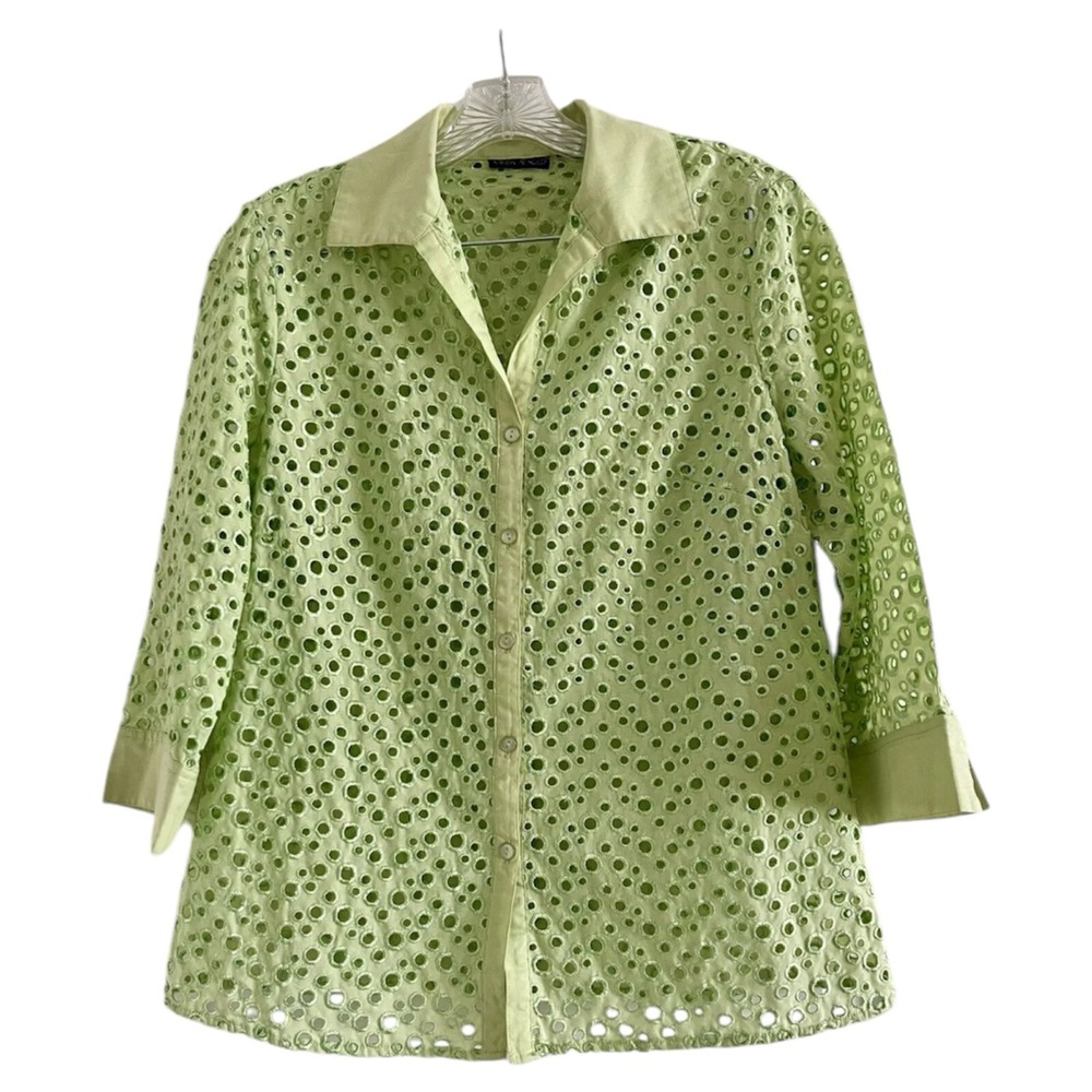 KAREN ARNOLD Women Lime Green Collared Cotton/Polyester Button Up Blouse-MEDIUM